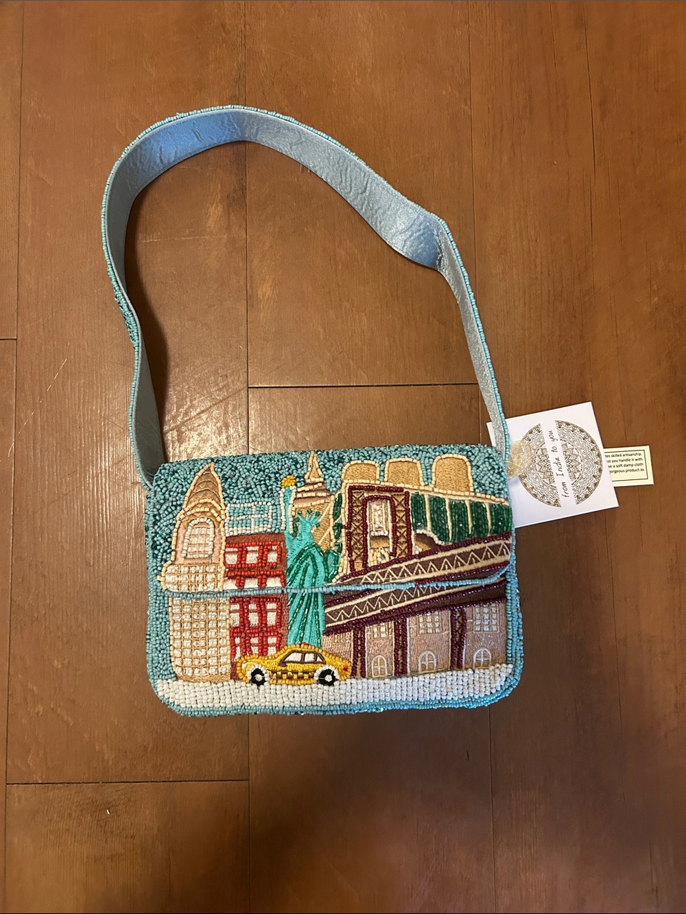 Beaded New York City Beaded Bag in Teal with Embroidered Landmark Motif